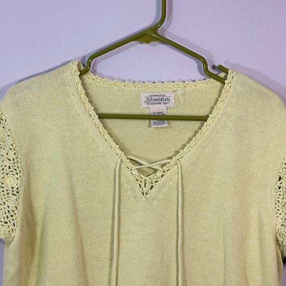 St Johns Bay Top Womens XL Yellow/Green V-Neck Knit Crochet 3/4 Sleeve Cottage - Picture 2 of 7
